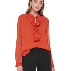 Tommy Hilfiger Chiffon Tie-Neck Cascade Ruffle Long Sleeve Blouse // Size M